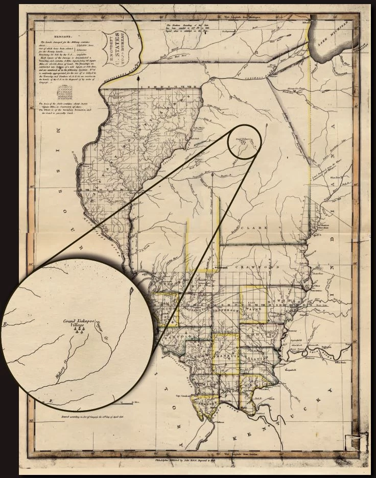 Illustrated inset map of the Grand Kickapoo Village in what is now central Illinois.