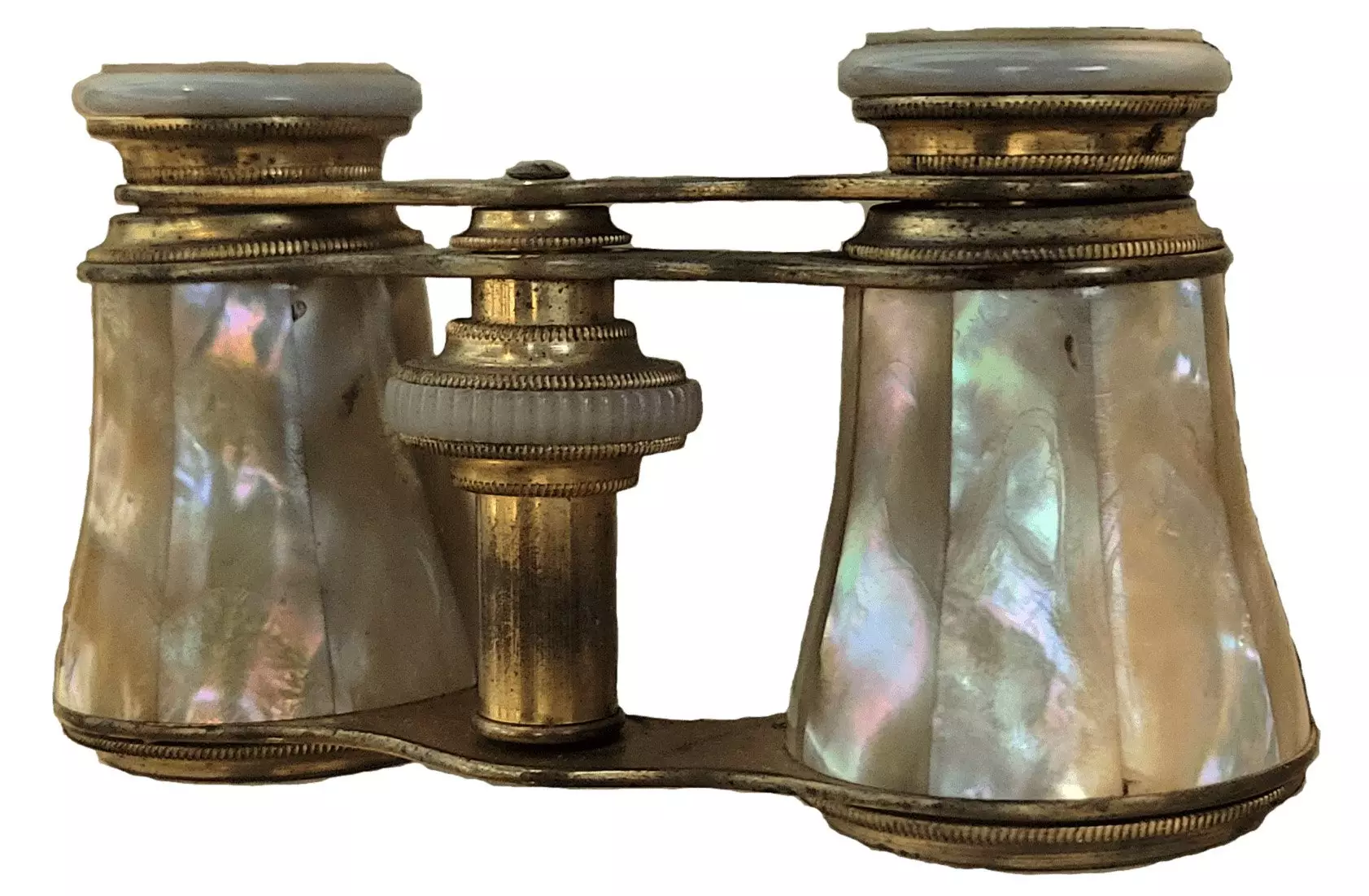 These are like small binoculars, and are covered entirely in mother-of-pearl inlay. Mother-of-pearl is mostly white but at different angles shows light hues of pink, green, and blue.