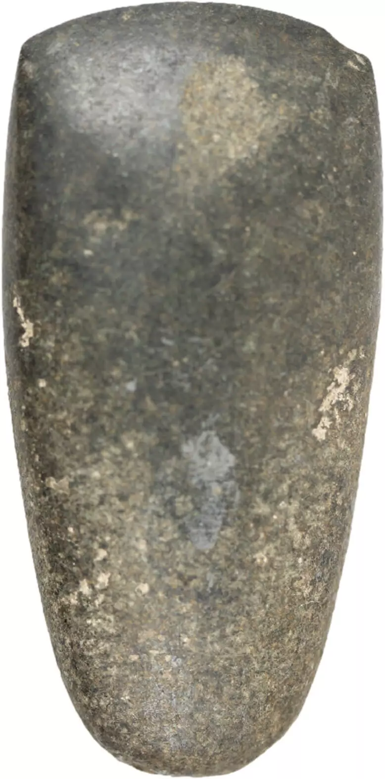 Dark gray stone, wider edge is ground to an edge, front is more polished than rounded back. 2.5 inches wide, 5.2 inches long
