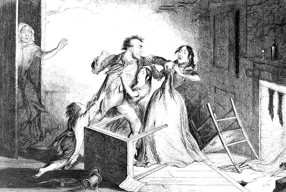 An illustration depicting a family in a living room, the table and chairs are overturned, a man grabs his wife’s dress and raises his fist, while two small children try to hold him back.
