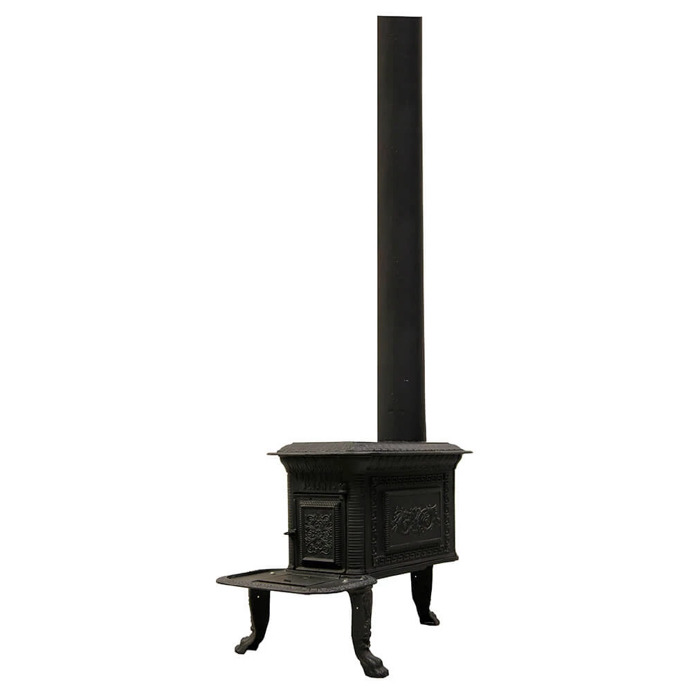 A narrow cast iron stove with a stove pipe coming out the top.