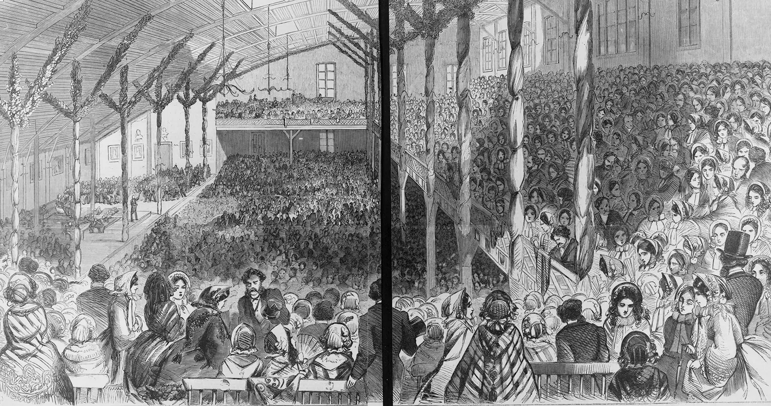 Black and white illustration of a large indoor hall, with wooden pillars, filled with convention of people.