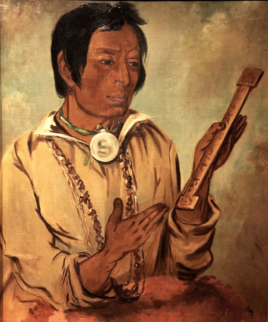 Painted image of a chief, decorated in several necklaces, holding a wooden prayer stick.