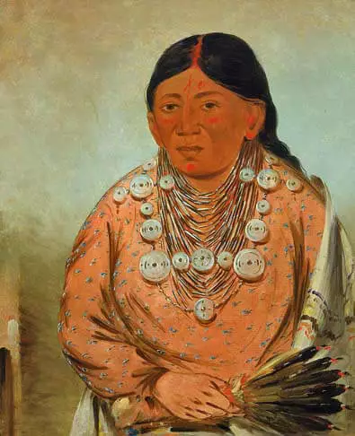 Painted portrait of a Native woman with long dark hair dressed in an orange patterned shirt and several necklaces. She has red markings on her face, and is holding feathers in her hand.