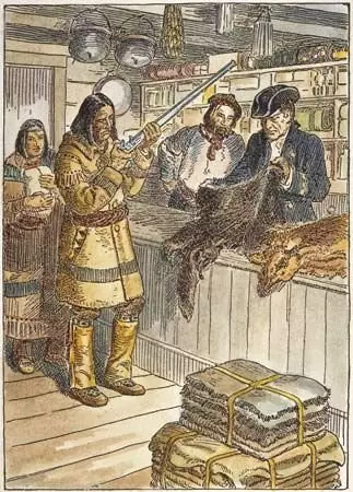 Drawing of two indigenous people in a shop, buying goods from two colonial men. The indigenous woman holds a bag and the indigenous man examines a gun. One of the colonial men inspects a fur pelt.