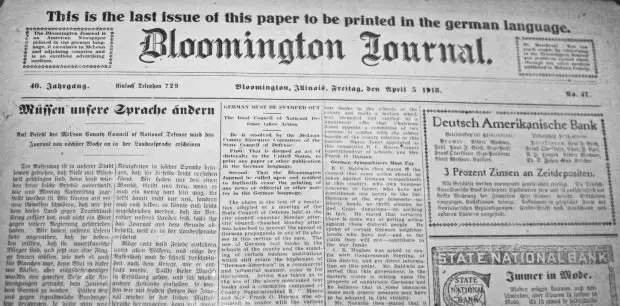 Black and white photo of the front page of the Bloomington Journal, announcing itself as the last issue of this paper to be printed in the german language