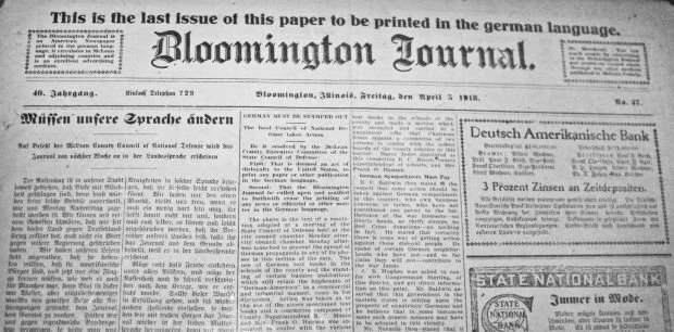 Black and white photo of the front page of the Bloomington Journal, announcing itself as the last issue of this paper to be printed in the german language
