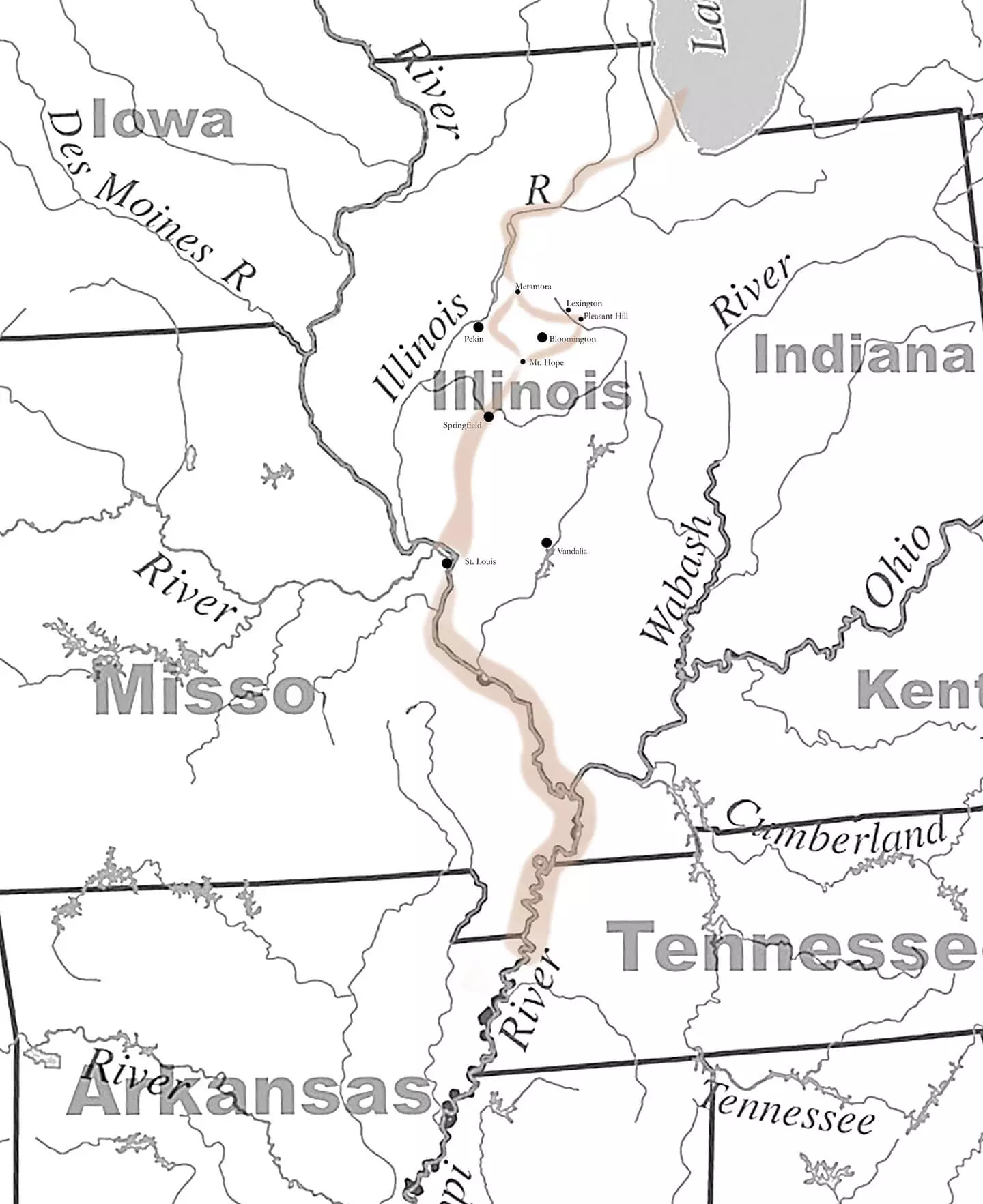 Map of Illinois and surrounding states, showing a line that goes from Chicago south to Central Illinios, where it splits into two, one path going west and bending near Pekin and the other going east, bending near Lexington. The two paths converge near Mt Hope in southern McLean County and continue southwest through Springfield towards St. Louis.