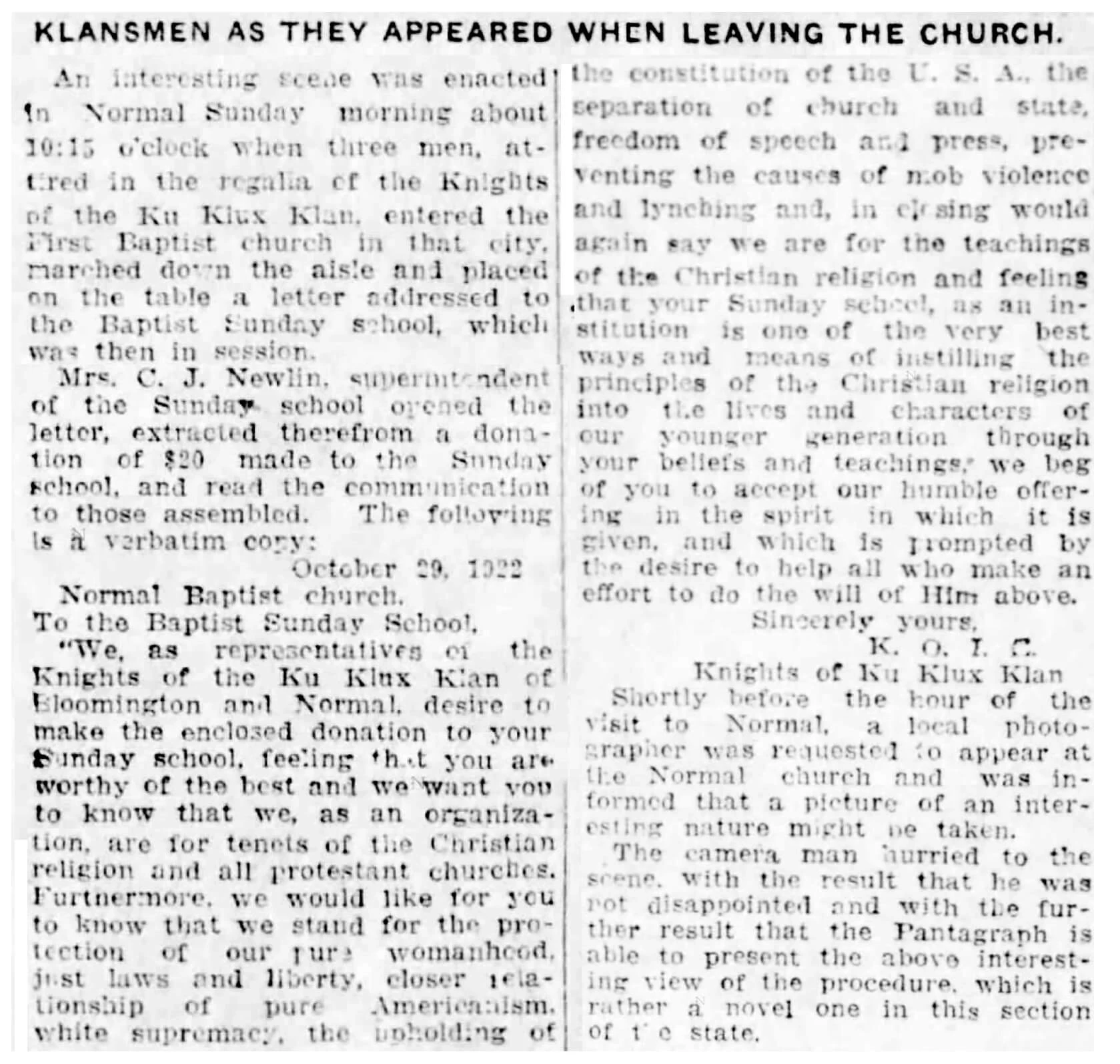 Article from newspaper titled klansmen as they appeared when leaving the church giving details of a letter left in church by with $20 donation to sunday school class
