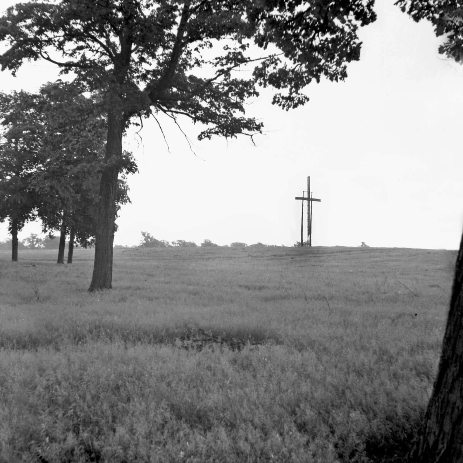 Large grassy field and trees are in the foreground, and in the distance there is a large wooden cross stands, held up by supports