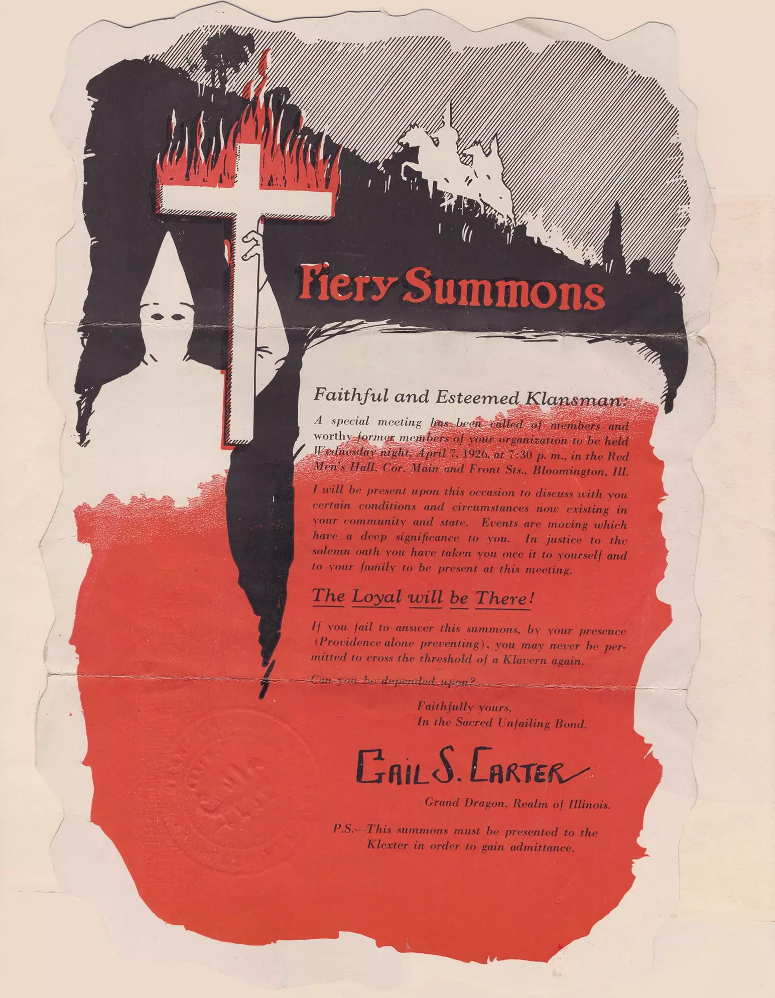Summons to a September 1926 meeting of the Klan in Stanford