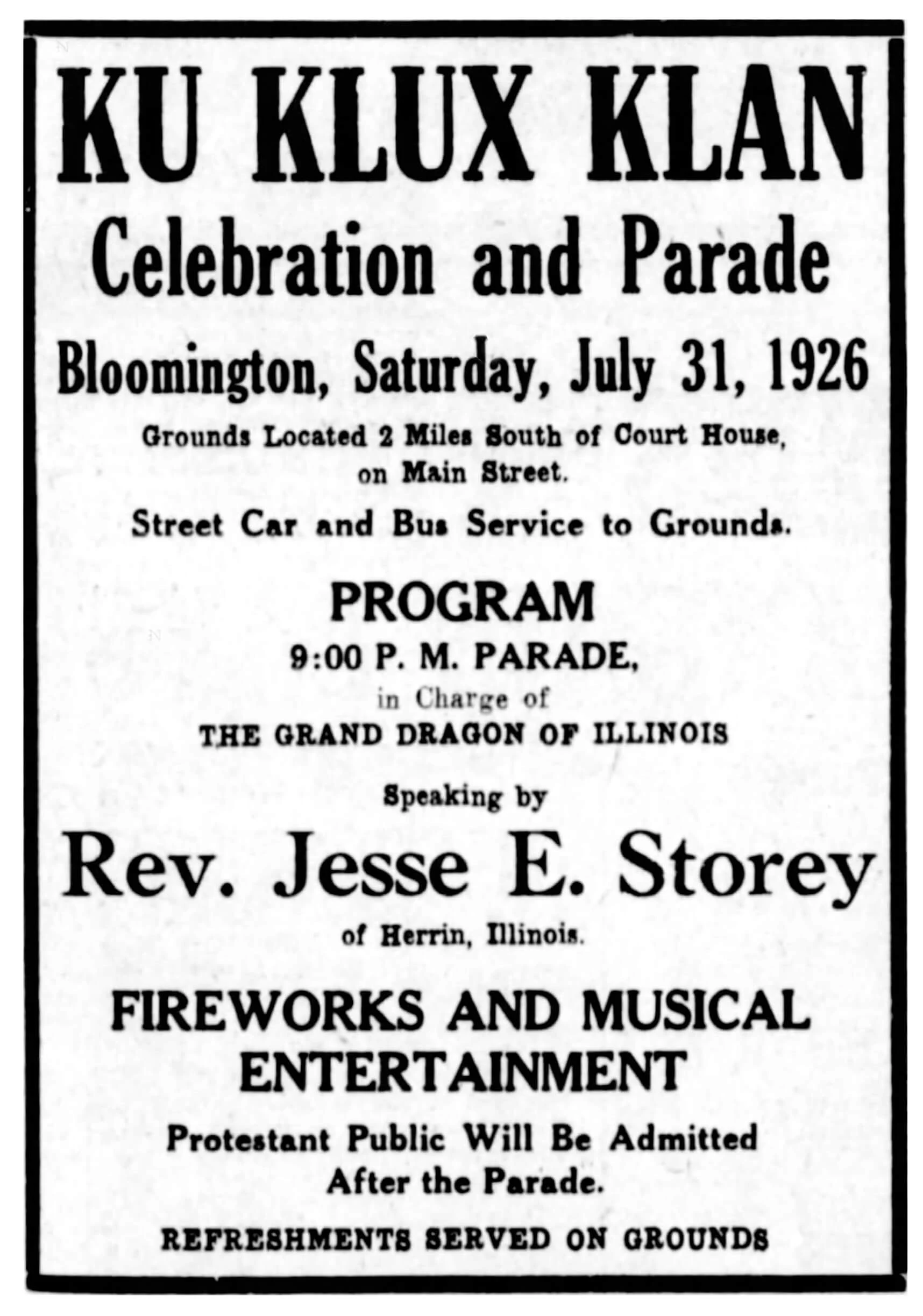 Ku Klux Klan. Celebration and Parade. Bloomington, Saturday, July 31, 1926.