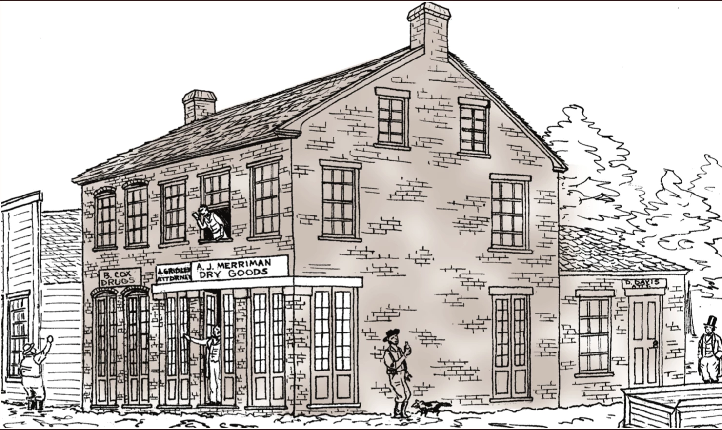 Illustration of AJ Merriman's dry goods store, featuring a two-story brick building, four men on the street, and a man in the second-story window.