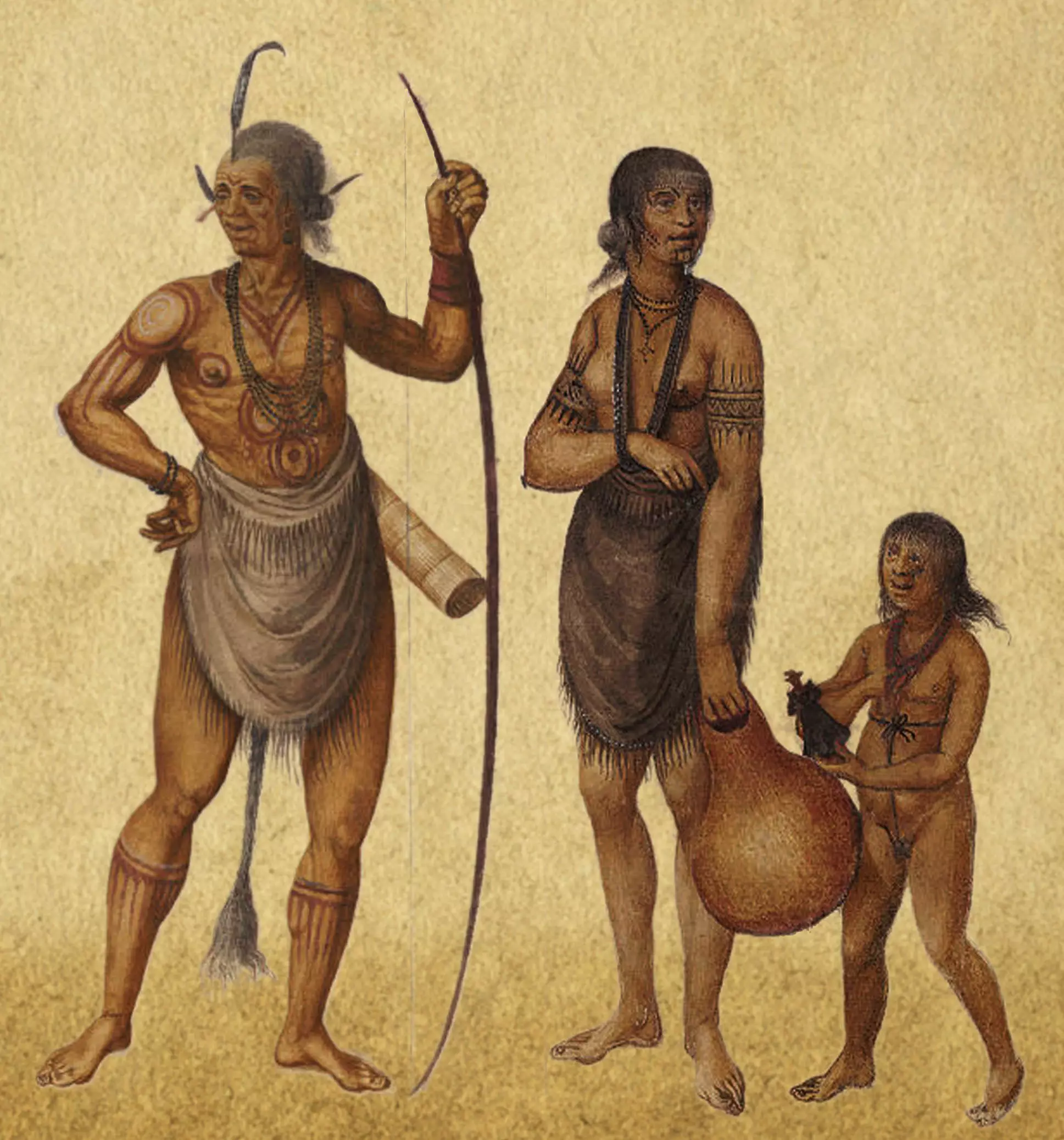 Illustrated depiction of a Kickapoo man, woman, and child. The man is holding a bow, the woman holding a type of pottery, and the child is holding what appears to be a doll.