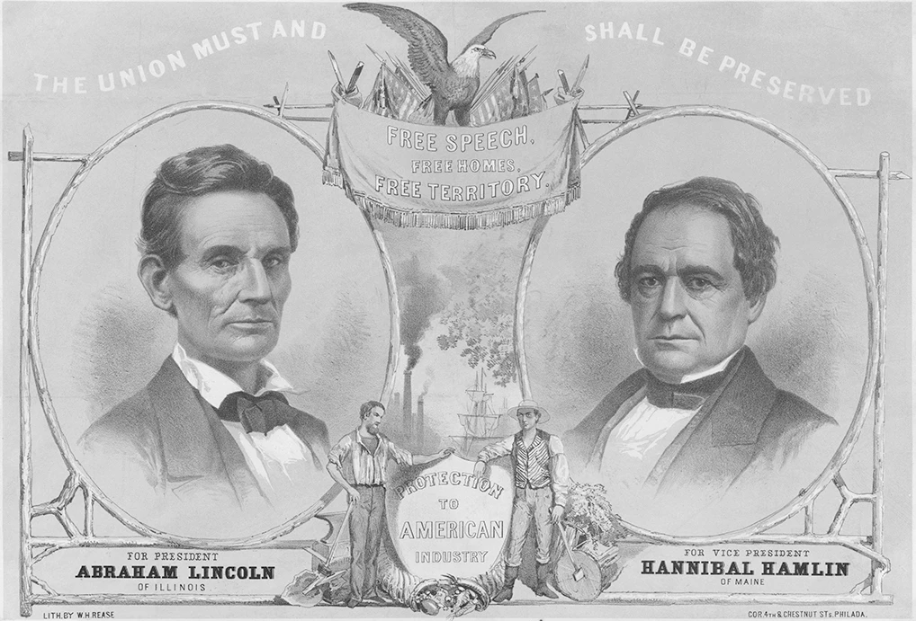 Campaign lithograph featuring portraits of both Lincoln and Hamlin, promoting protections to American industry.