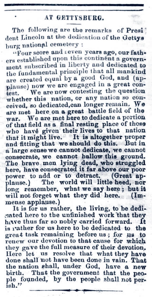 Newspaper clipping with typed Gettysburg address.