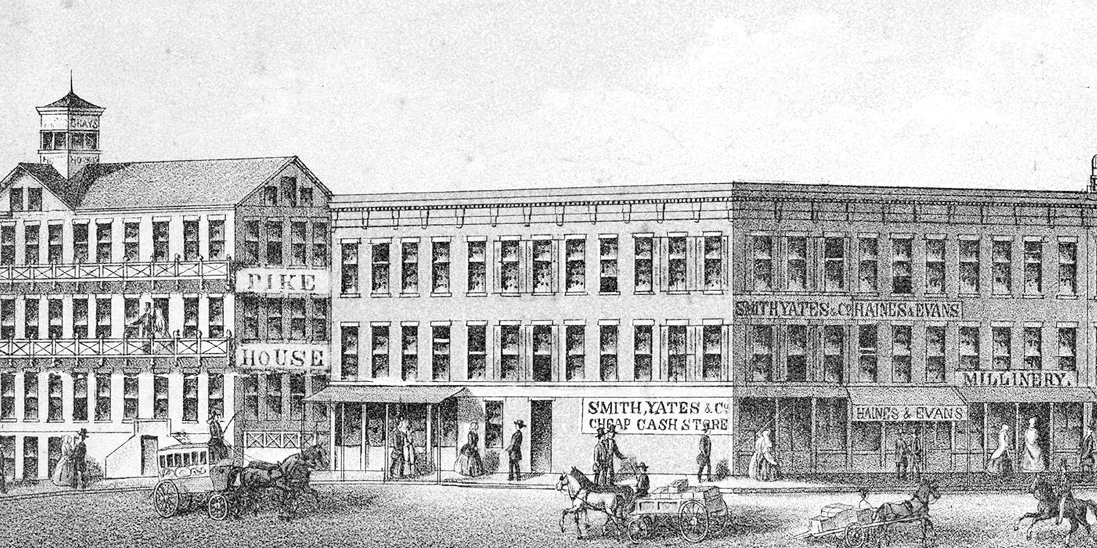 Black and white drawing of a large building with multiple businesses and people walking by.