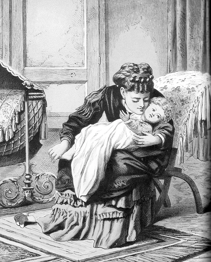 Black and white illustration of a woman holding a baby, sitting in a rocking chair. The woman’s chin is resting on the neck of the child, who she holds in a tender embrace.