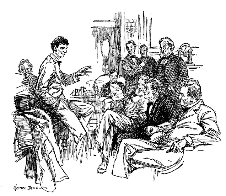 Black and white illustration of attorneys gathered together in the quarters of Judge Davis. One man appears to be talking with a raised hand while the other men sit or stand around him, their attention on him.