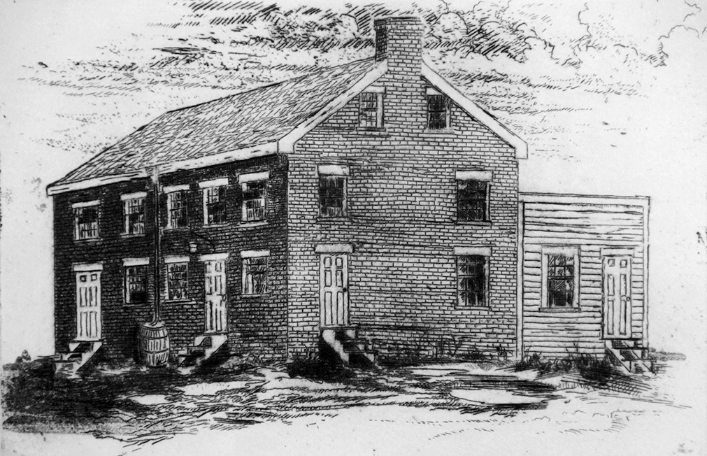 A black and white sketch of a medium-sized, two-story brick building.