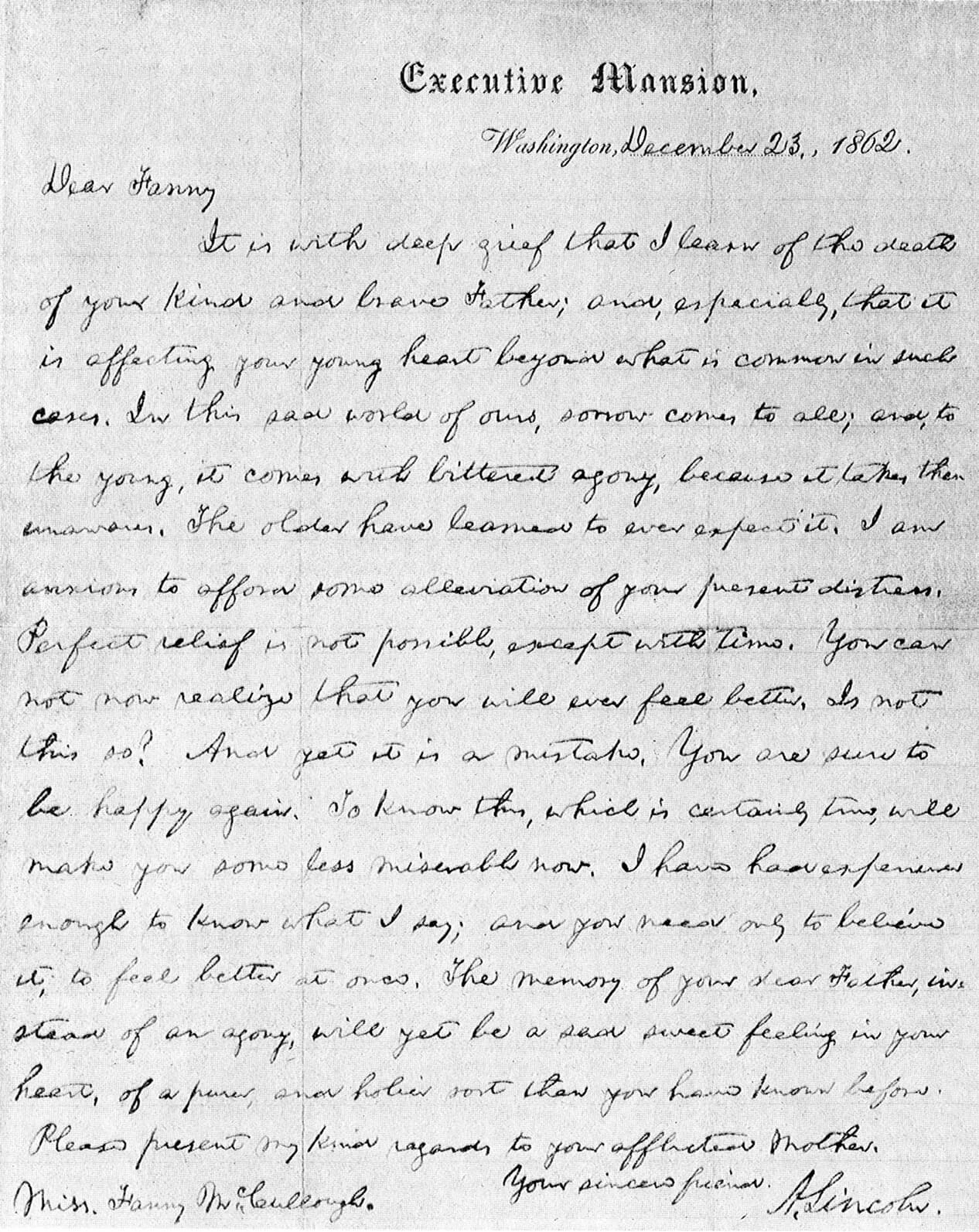 Black and white photo of a cursive letter written to Fanny, signed A. Lincoln