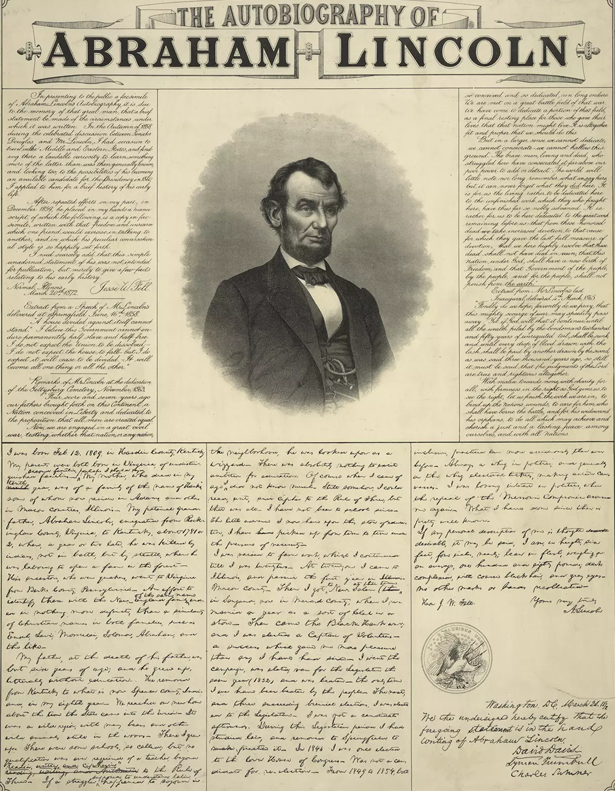Newspaper clipping titled the autobiography of abraham lincoln. Text takes up entire newspaper page and details lincoln's upbringing life to point at which he announces his candidacy.
