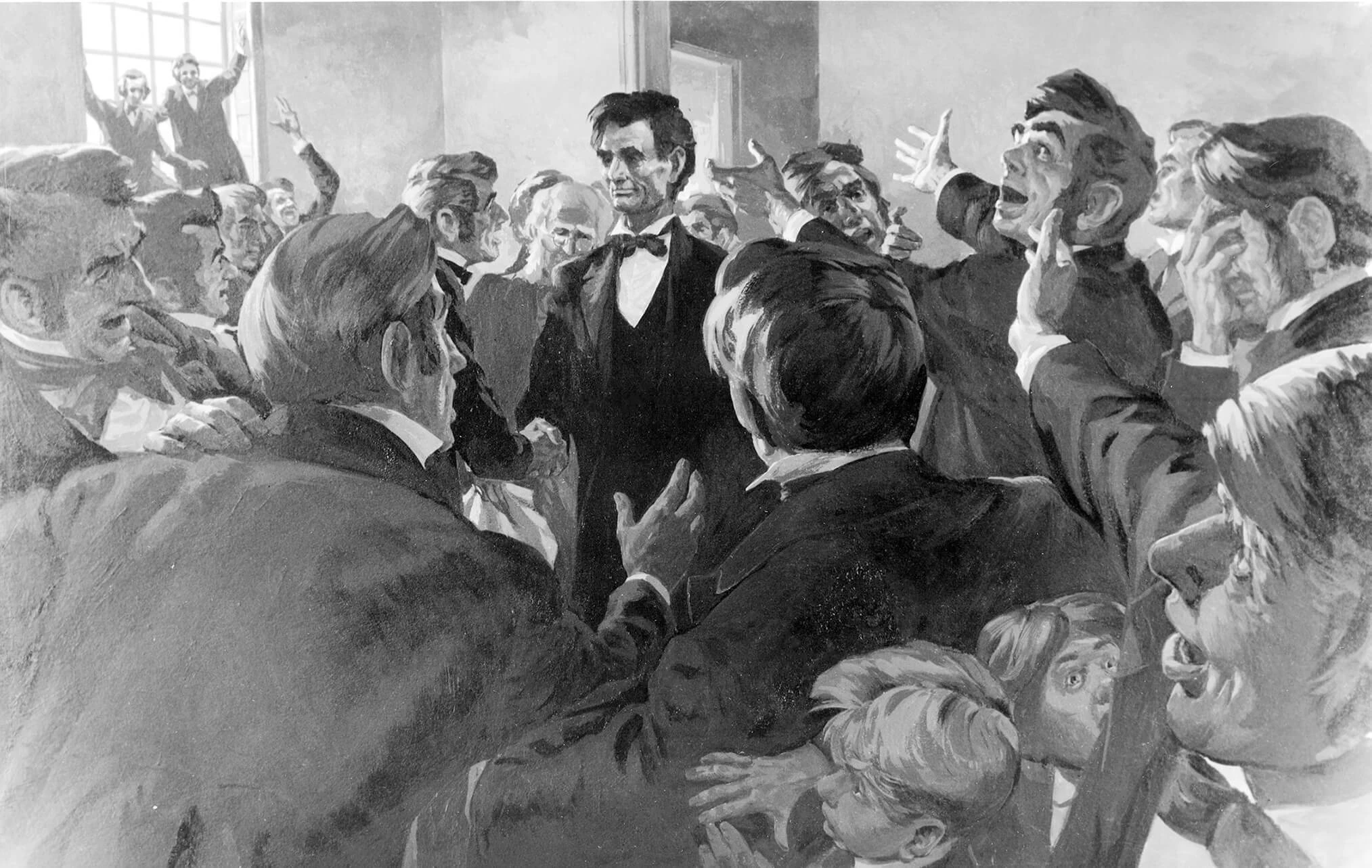 Drawing of Lincoln as the focal point, surrounded by men cheering and celebrating.