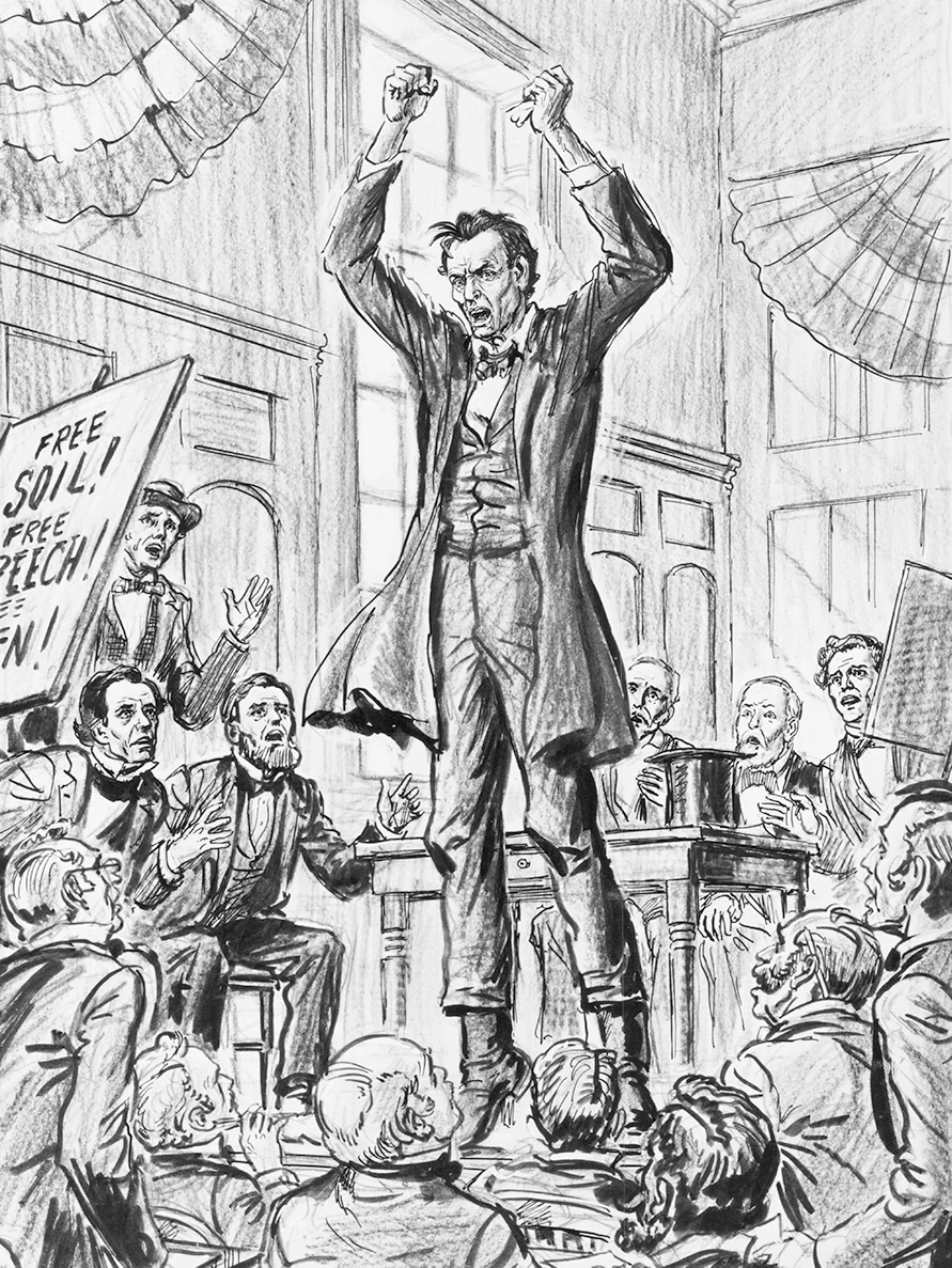 Black and white drawing of Lincoln raising both fists, mouth open, as if he is yelling, while surrounded by entranced onlookers.