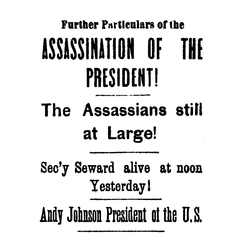Newspaper clipping announcing Lincoln’s assassins still at large.