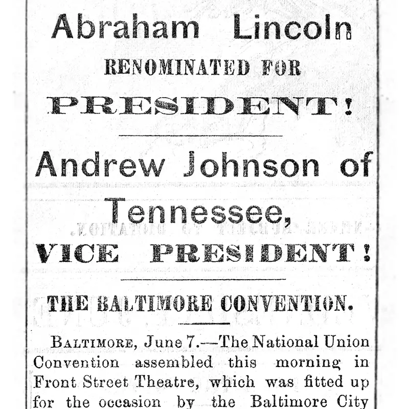 Newspaper clipping announcing Lincoln’s renomination for president.