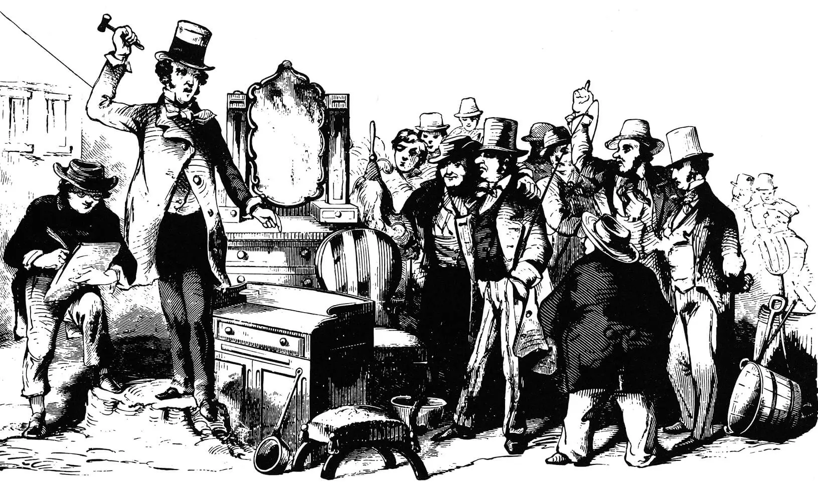 A political cartoon depicts a man auctioning off several household items and furniture to a crowd of eager men.