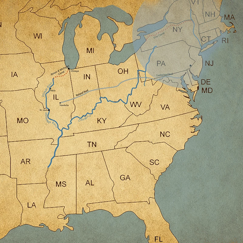 Map of the eastern United States showing the Erie canal and Ohio River