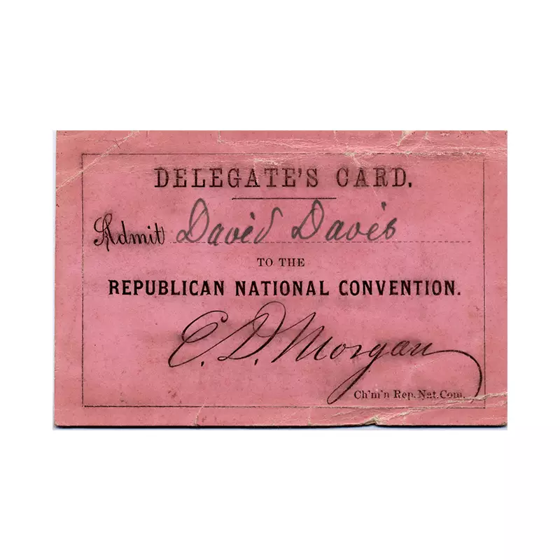 Photo of red delegate card admitting entrance to the convention.