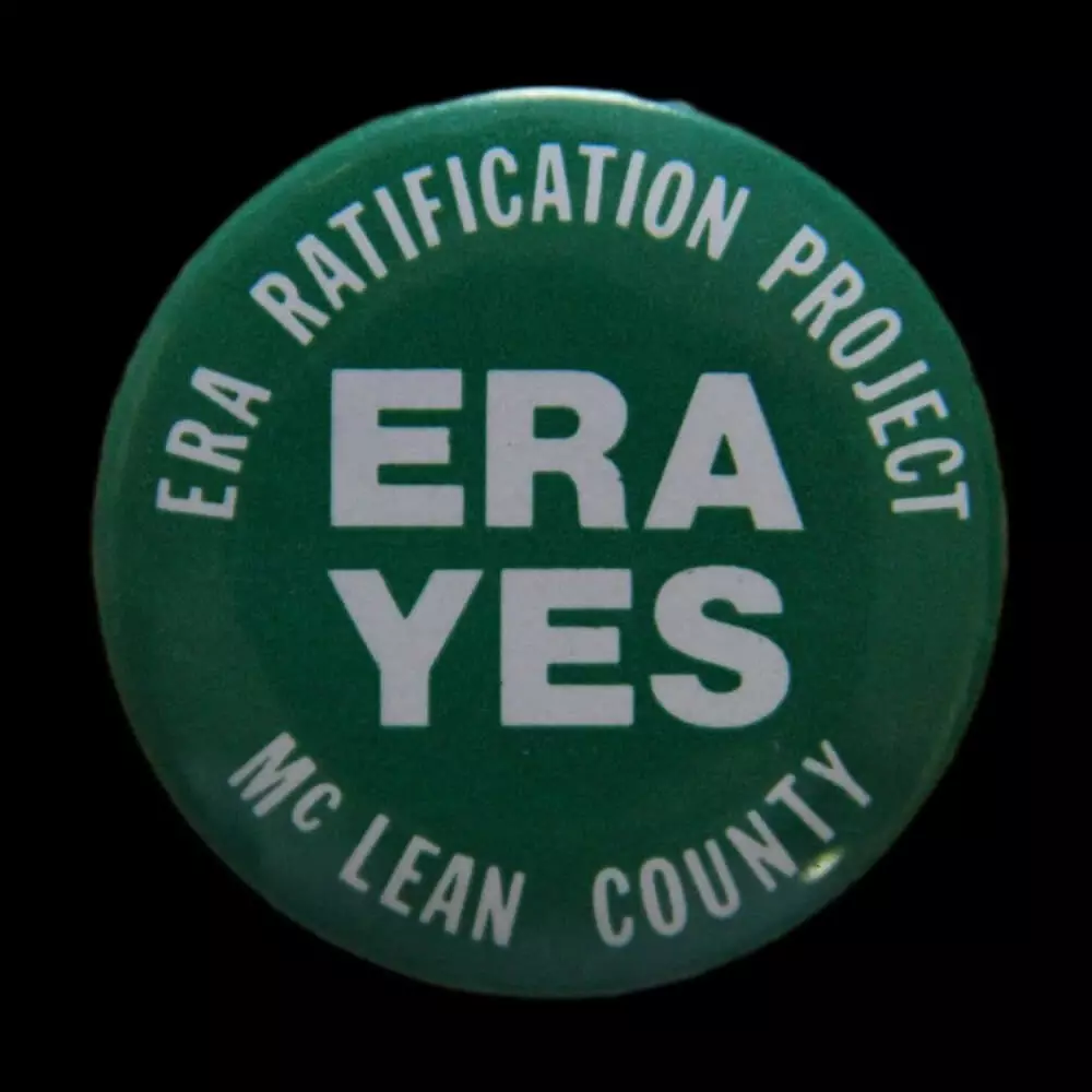 Green button with white letters that says ERA RATIFICATION PROJECT ERA YES MCLEAN COUNTY
