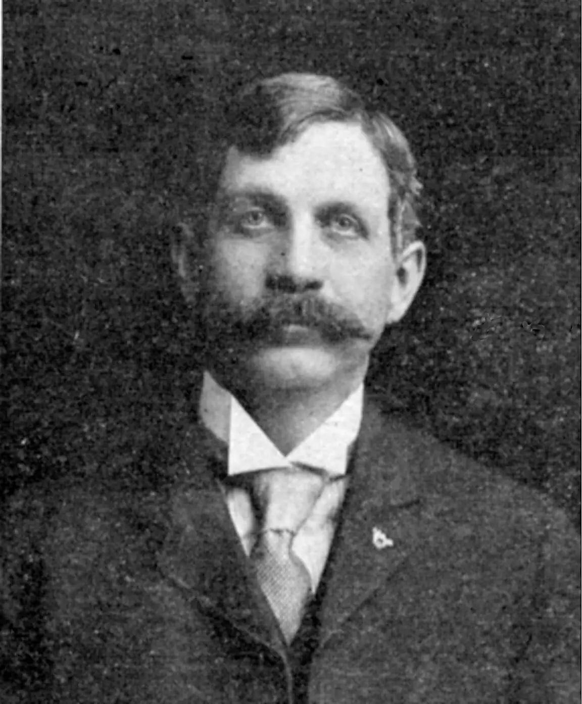A white man with left-parted hair and a large mustache looks directly into the camera. He is wearing a double-breasted jacket, collared shirt, and tie.