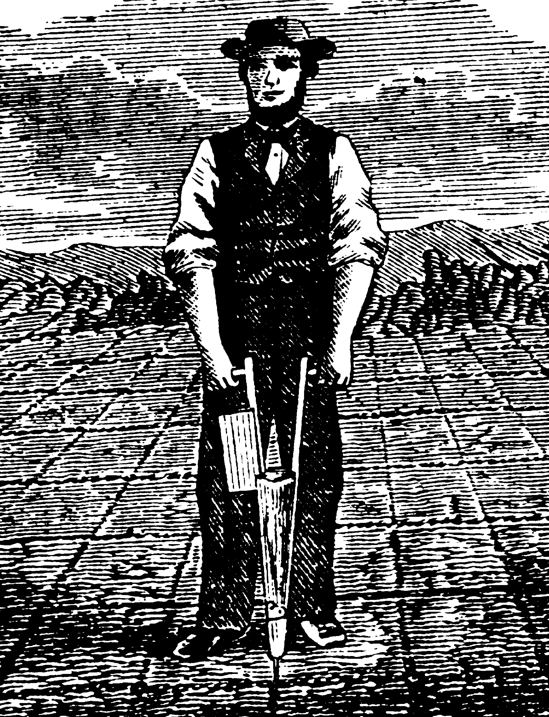An illustration of a farmer with both hands on a hand-corn-planting device.