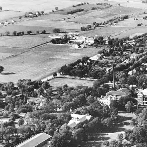 Fell and Smith Halls, pictured in this aerial view of Normal in the 1930s.