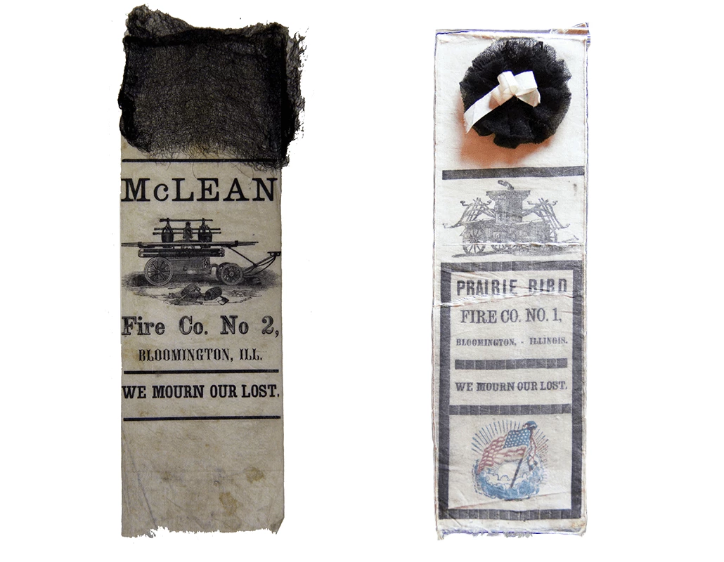 Two ribbons, one reading McLean Fire Co. No 2., the second reading Prairie Bird Fire Co. No. 1, both lightly smudged and burned.