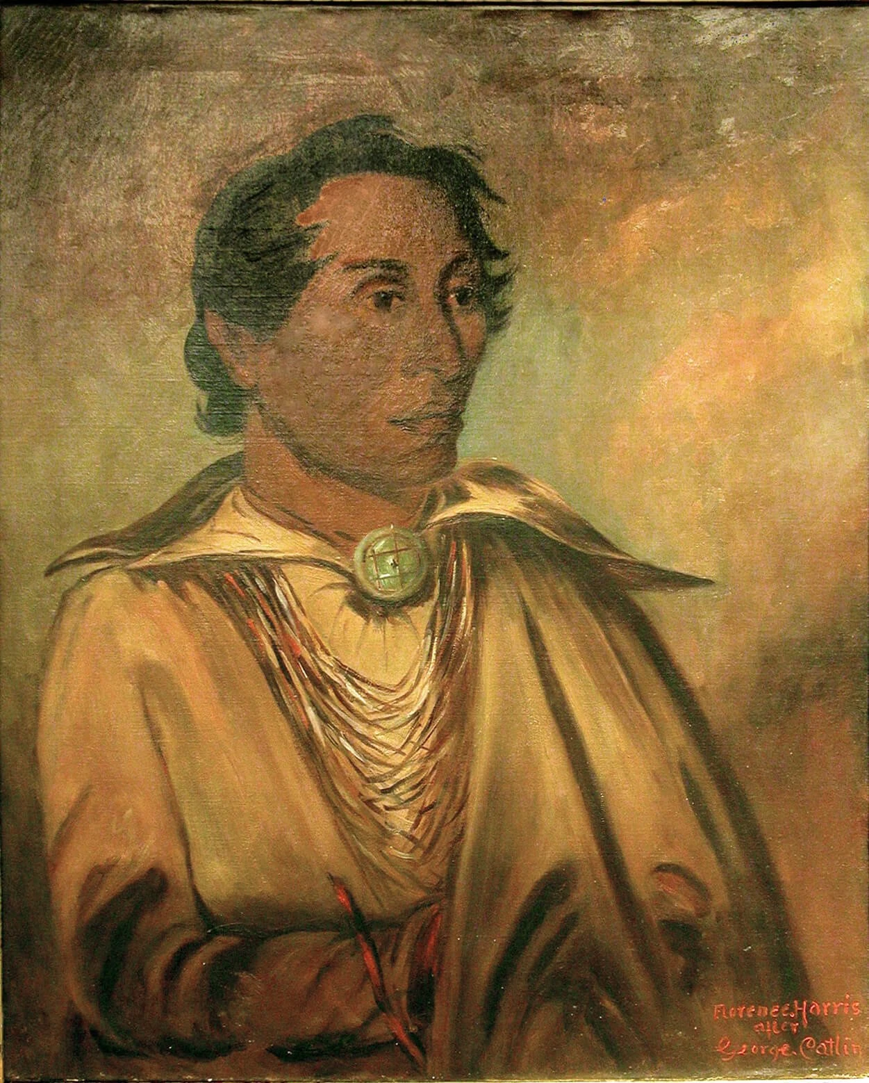 Illustrated portrait of a Native man with dark hair and a stern looking gaze, dressed in a flowing shirt and turquoise-colored necklace.