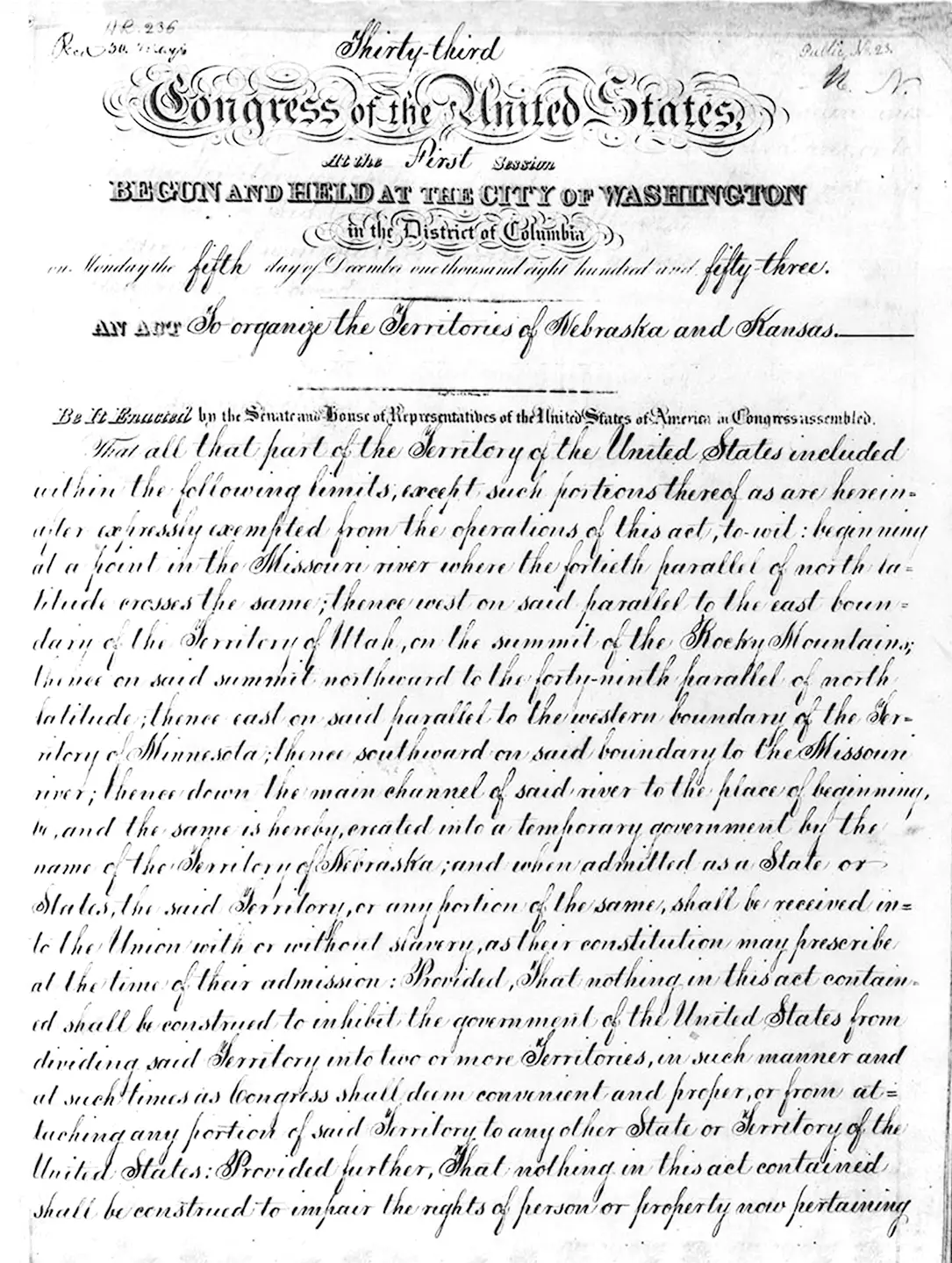 The cover page of the Kansas-Nebraska Act of 1854.
