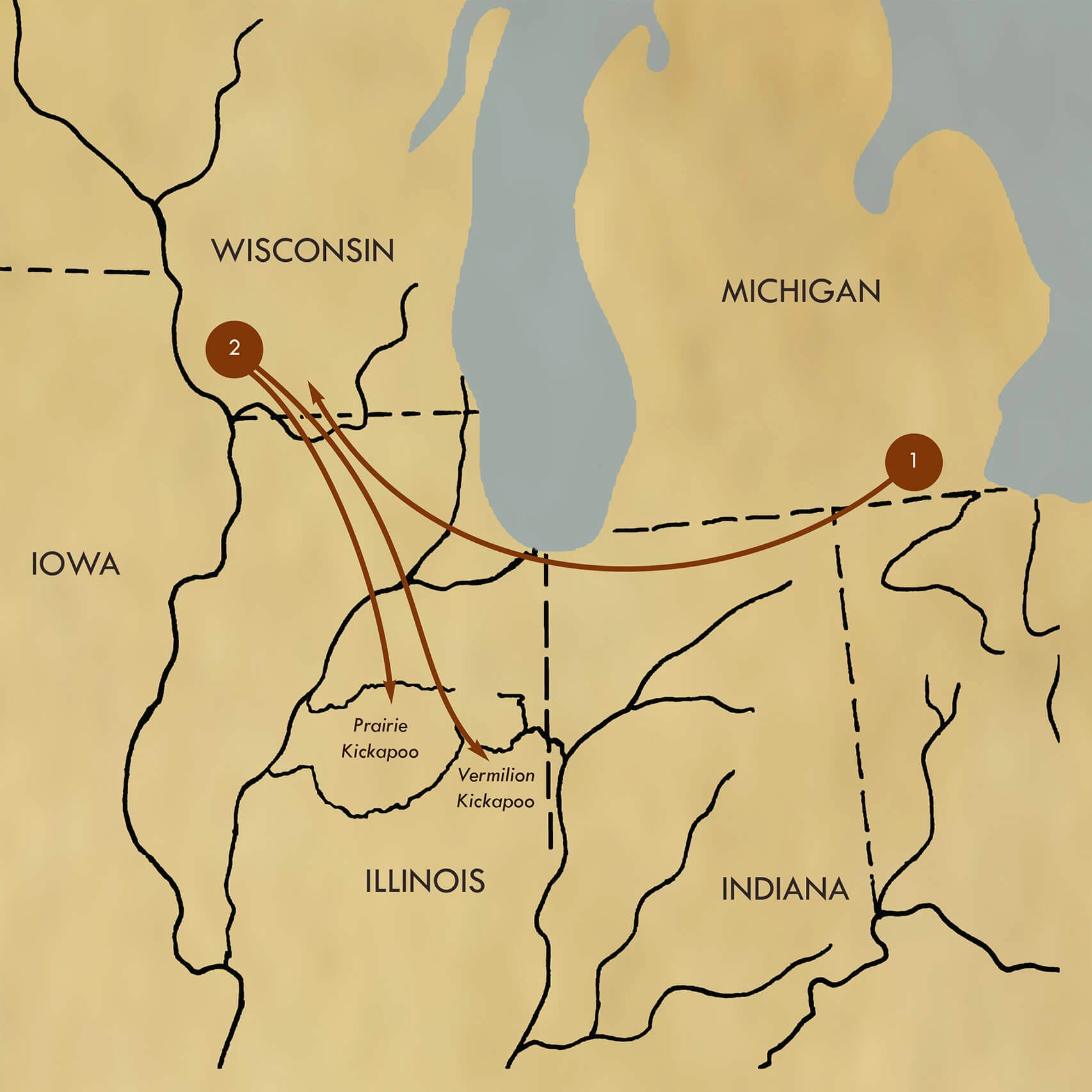 Map with arrows showing the migration of the Kickapoo from what is now Michigan, to Wisconsin, and two arrows into central Illinois.