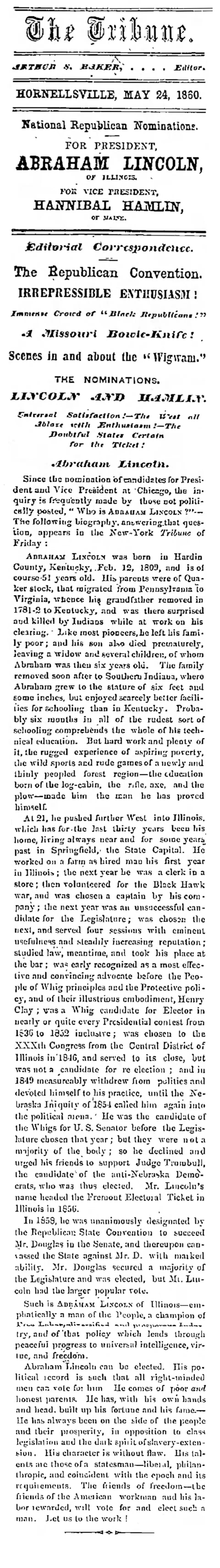 Newspaper clipping with header 'The Tribune' giving reasons Lincoln should be elected president.