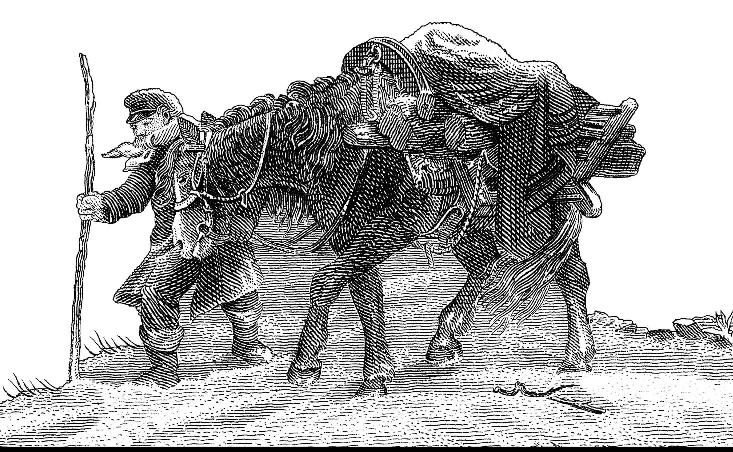 Black and white illustration of a horse carrying a pack of goods and a man walking next to him with a walking stick. There is snow on the ground.