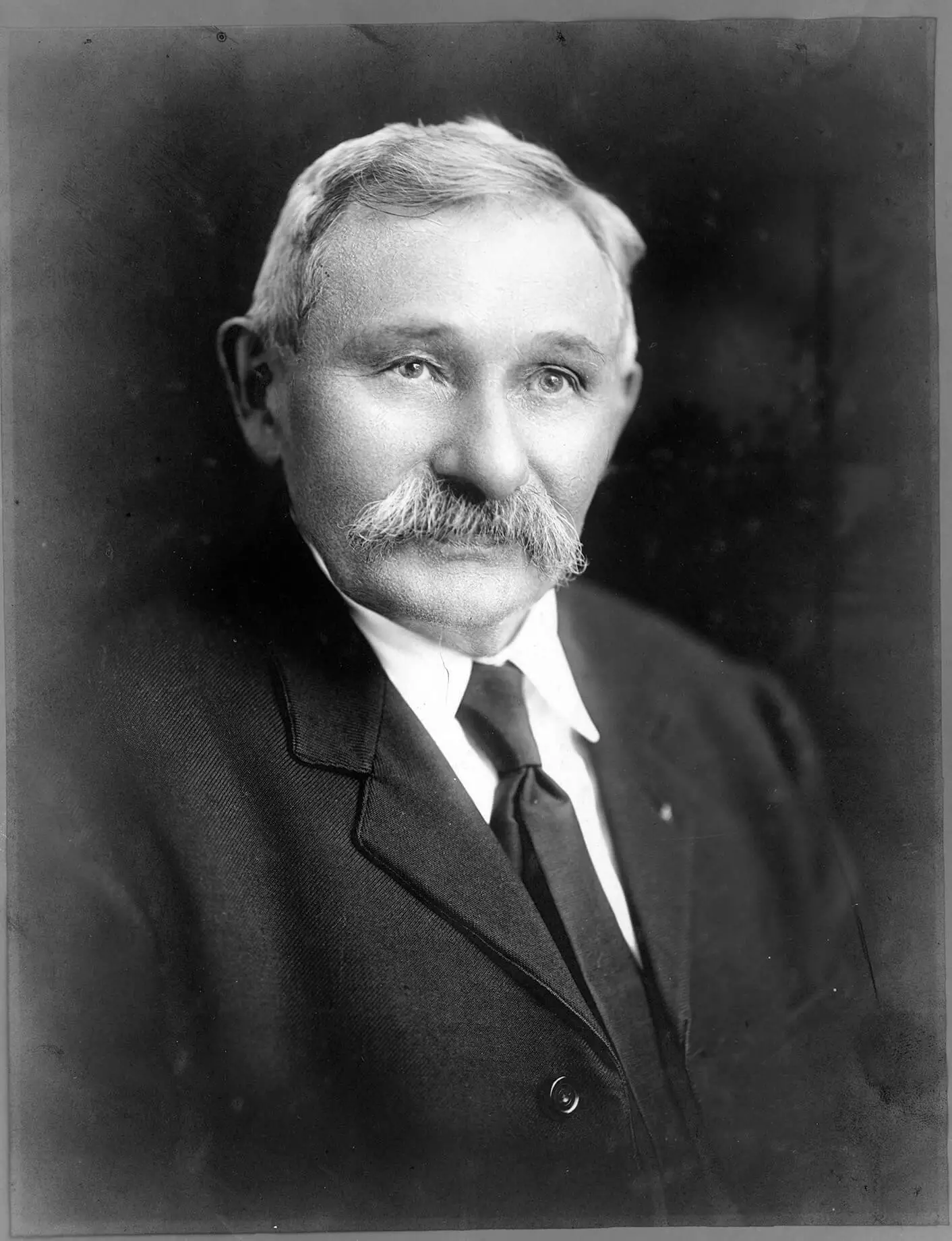 Portrait of Helmuth Mau, a middle-aged man with white hair and large mustache, wearing a dark suit and tie.