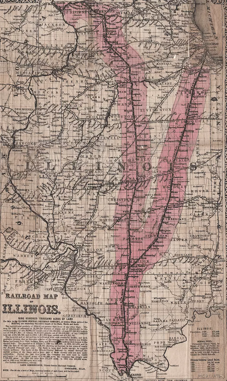 Map of Illinois depicting railroads in brown and red hues.