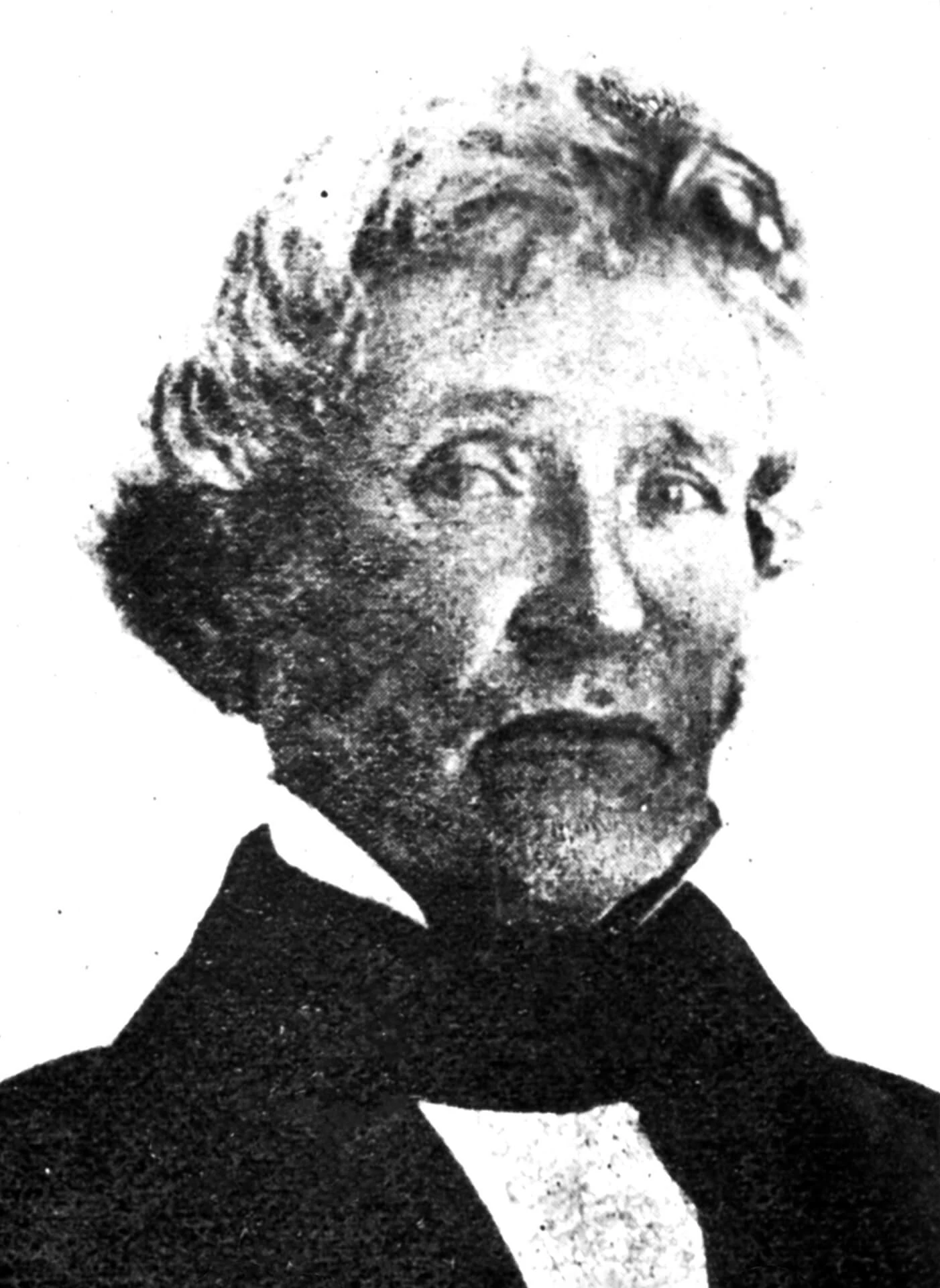 a fuzzy black and white illustration of a white man with somewhat messy hair and a black suit jacket