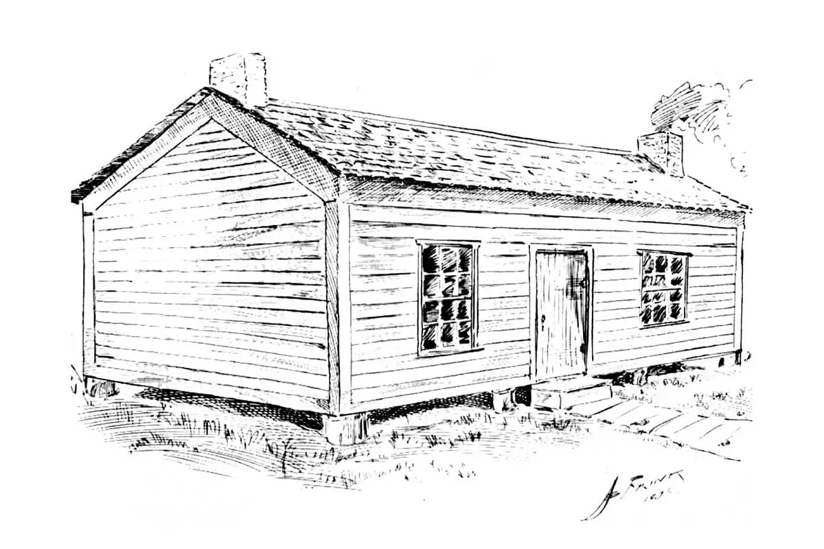 Black and white sketch of small cabin with two windows, a door in between them, and smoke coming out of the chimney.