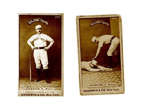 Two baseball cards. One on the left shows the full length of a man wearing a baseball uniform, and cap. A bat leans against the wall behind him. His hands are on his hip. His left hand has the middle finger extended casually, it wouldn't be noticed by all who look at the image. The baseball card on the right shows two baseball players, one pretending to slide into home base, and the other bending down and touching his head.