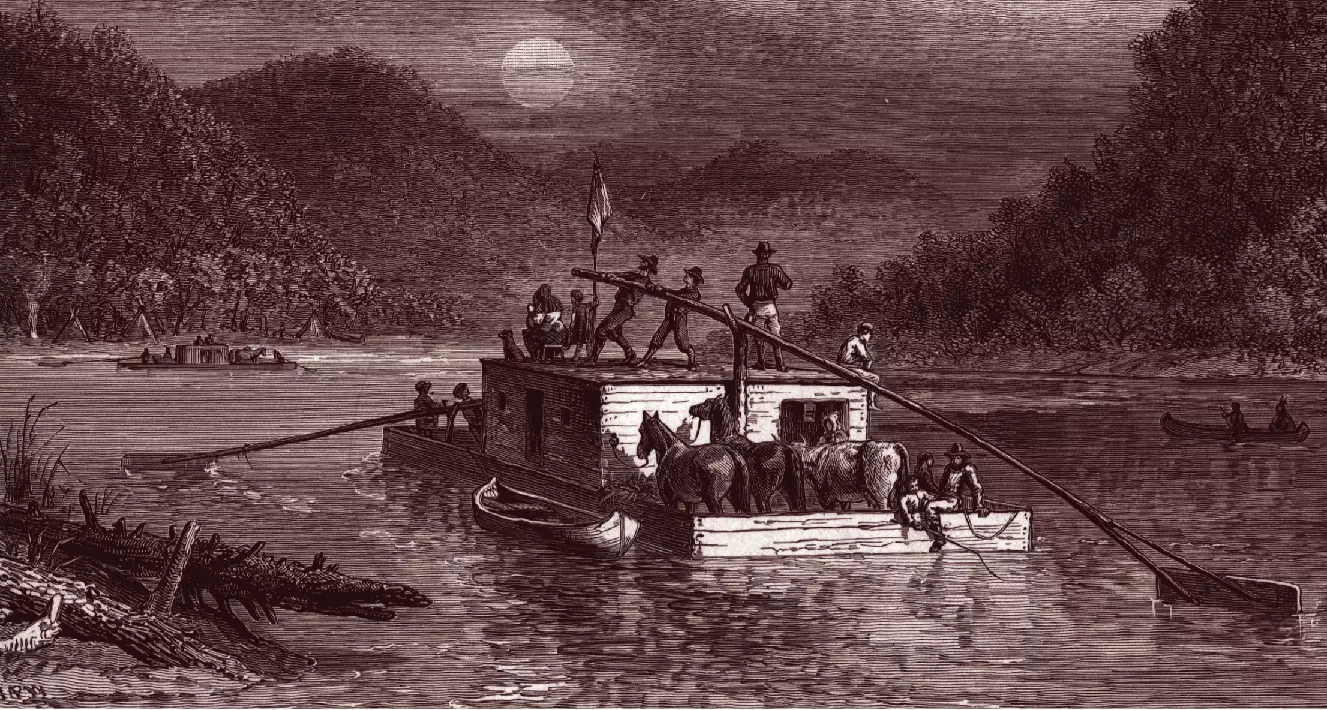 illustration of a large flat wooden boat being pushed by long oars by moonlight.