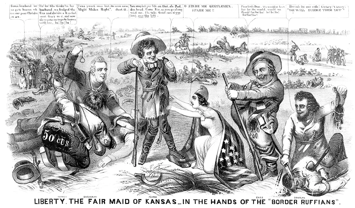 Political cartoon with a woman surrounded by garish men, titled “liberty. the fair maid of Kansas in the hands of the border ruffians.”